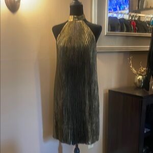 Elegant Gold Halter Pleated Dress